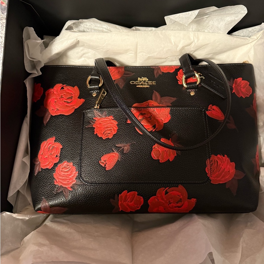 Coach Black Tote with Red Floral Design